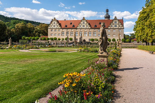 Schloss Fasanerie, palace complex from the 1700s, near Fulda, approach to the main front gate from the park, Eichenzell, Germany