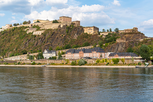 View of Ehrenbreitstein Fortress above the Rhine River, Koblenz most popular historic landmark, Germany