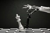 Cyborg Robot Playing Chess, Artificial Intelligence, Deep Learning, Technology Background.