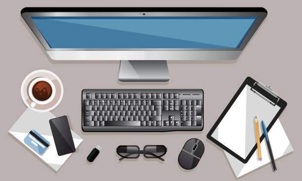 istock The concept of office work, data transfer in a flat style. Mobile devices and office items on a colored background. Creative illustration for web applications, presentations, print. 1482345937