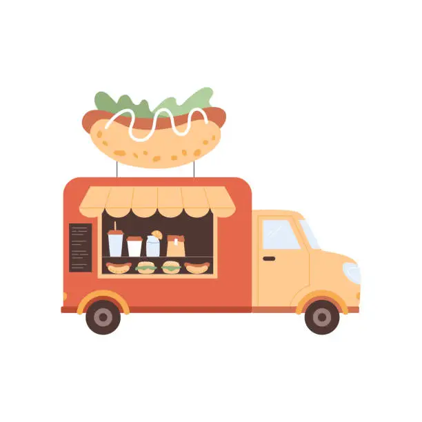 Vector illustration of Hot dog van, street food truck. Drinks, lemonade, coffee, hamburger in menu.