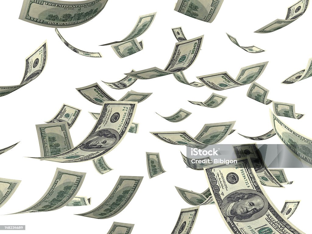 Falling money Falling hundred Dollar bills on white. 3D generated image Abundance Stock Photo