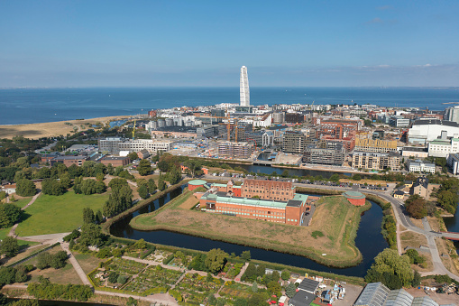 Aerial view of Malmöhus Castle and the West Harbor district in Malmö on a summer day.