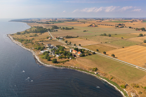 Aerial view of the coastal agricultural landscape near Smygehamn in southern Skåne in summer.