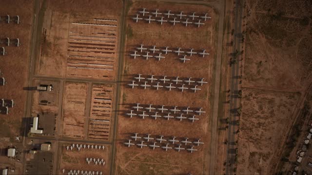 Upper Aerial View at Sunset of the Aircraft Graveyard or Airplane Boneyard in Arizona. United States