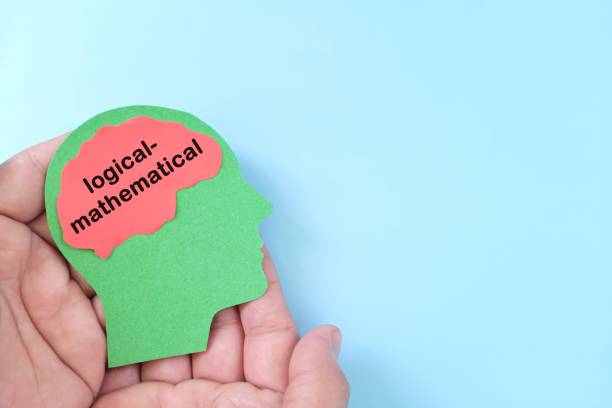istock Logical mathematical intelligence in psychology concept. Hand holding human head profile with word text on brain. 1482350228