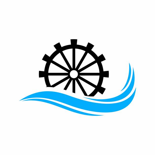 illustrazioni stock, clip art, cartoni animati e icone di tendenza di vettore del logo del mulino ad acqua - water wheel