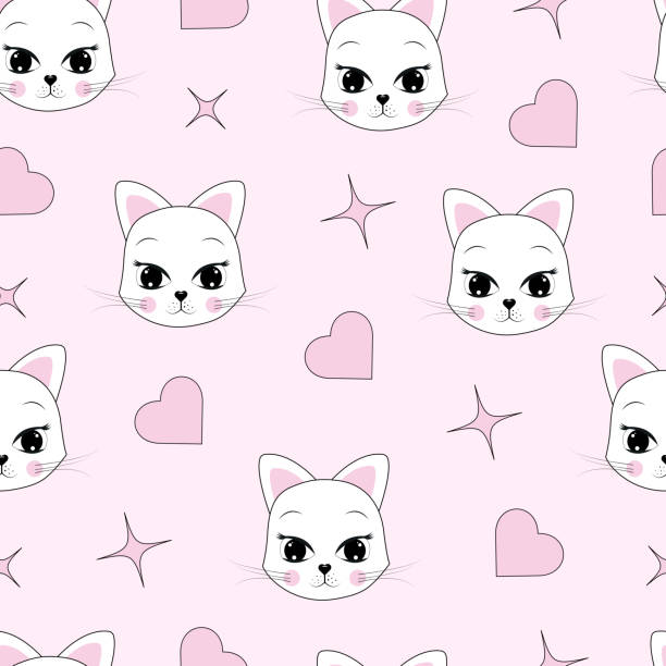 illustrations, cliparts, dessins animés et icônes de illustration vectorielle de motifs de chats mignons sans couture sur fond rose. - seamless make up blush cosmetics