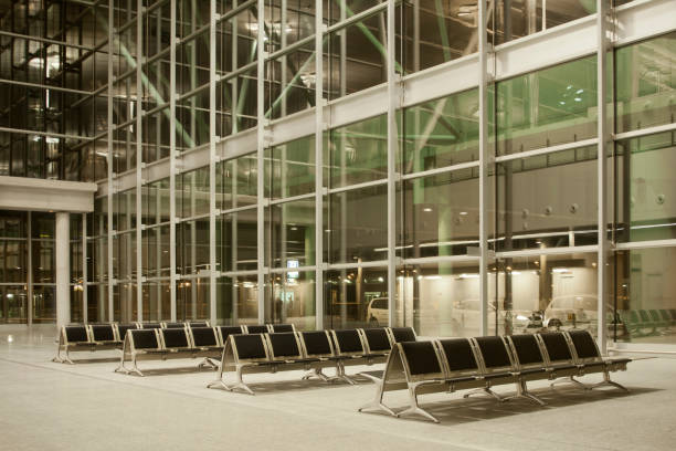 Santiago de Compostela modern airport at night, waiting room. stock photo
