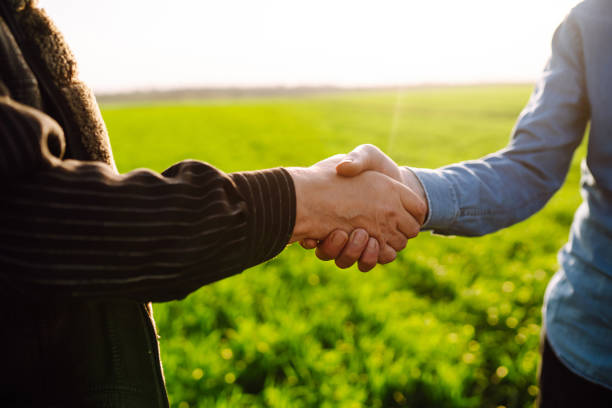 istock Two farmers agree by shaking hands in a green wheat field. 1482354672