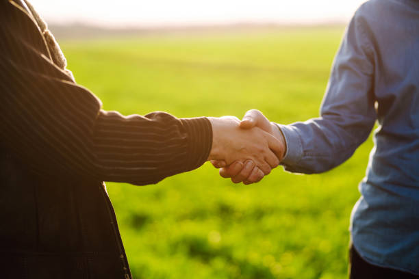 istock Two farmers agree by shaking hands in a green wheat field. 1482354691