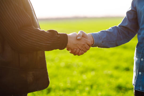 istock Two farmers agree by shaking hands in a green wheat field. 1482354709