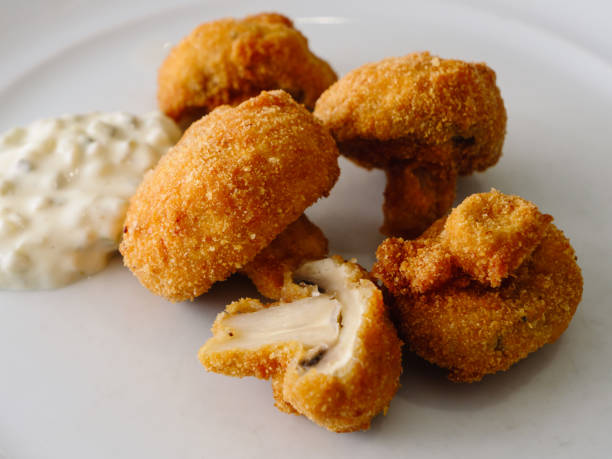 Deep Fried Button Mushroom with Tartar Sauce, Close Up of an Austrian Vegetarian Dish