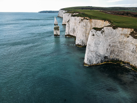 Drone shot of famous old Harry rocks in Dorset, England, UK