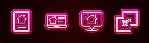 istock Set line Online real estate house, , Location with and House plan. Glowing neon icon. Vector 1482357165