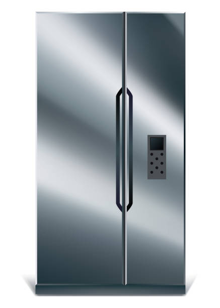 istock Gray vertical fridge for preserve food. Silver refrigerator with two doors. Modern cooler for home, products storage 1482357573