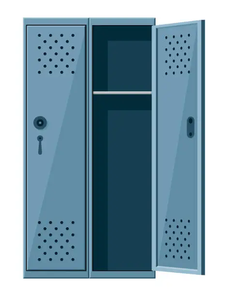 Vector illustration of Metal cabinets locker or school changing room steel cupboard. Isolated grey storage boxe with open and closed doors, locks and shelve and vents