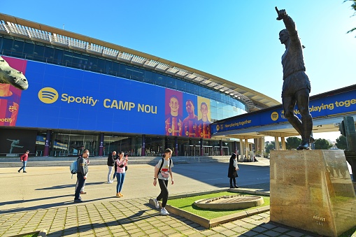 Barcelona, Spain – February 03, 2023: The beautiful Camp Nou stadium exterior on a sunny day in Barcelona, Spain