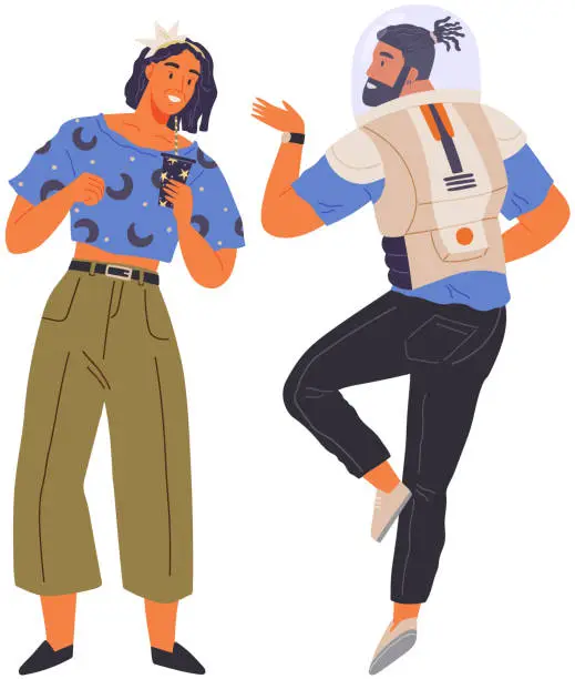 Vector illustration of Animators at birthday in cosmic style. Theme party in costumes. People in costumes have fun at space party