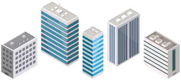 Vector illustration of Set of skyscrapers, constructions, modern buildings. Urban town style architecture, construction