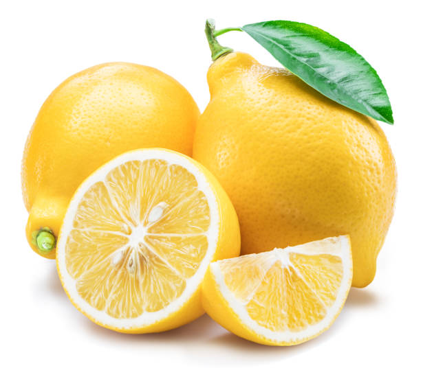 istock Ripe lemon fruits with leaf and lemon slices isolated on white background. 1482370822