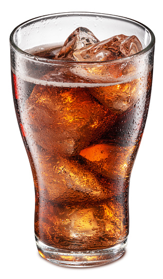 Chilled cola glass with ice cubes on white. File contains clipping path.