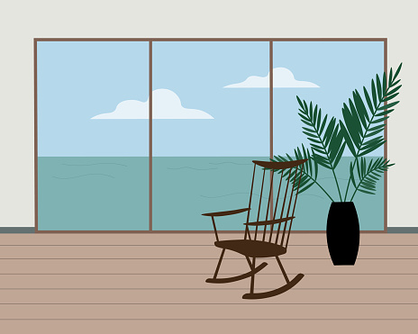 Room interior with large window, Nakashima rocking chairs, wooden floor and houseplant. Interior without people overlooking the calm sea. Modern home decor. life style.Flat vector illustration