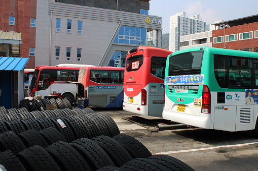 Cheongpyeong, Korea-April 7, 2023: City and tour buses parked at Cheongpyeong Bus Terminal
