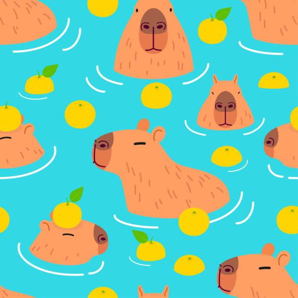 bildbanksillustrationer, clip art samt tecknat material och ikoner med cute capybara seamless pattern background vector design. capybara in onsen - animal doodle