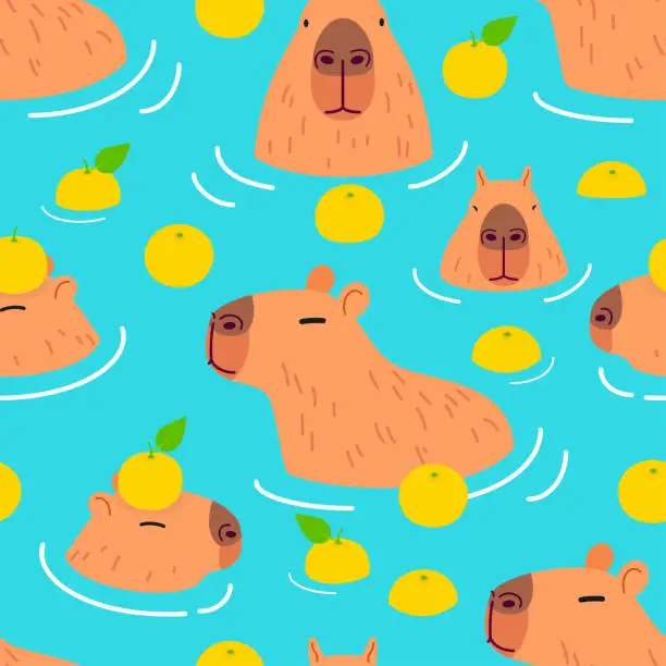 Vector illustration of Cute Capybara seamless pattern background vector design. Capybara in onsen