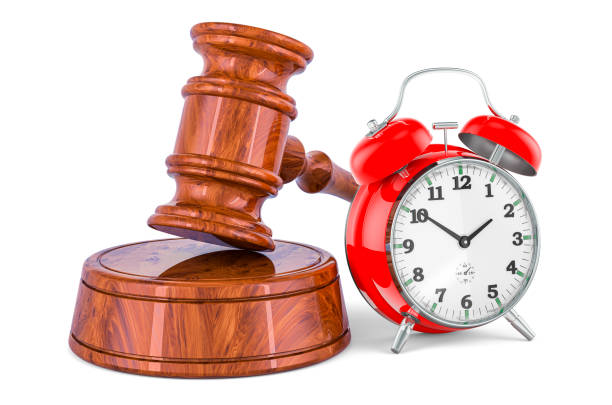 istock Wooden Gavel with alarm clock. 3D rendering 1482373106
