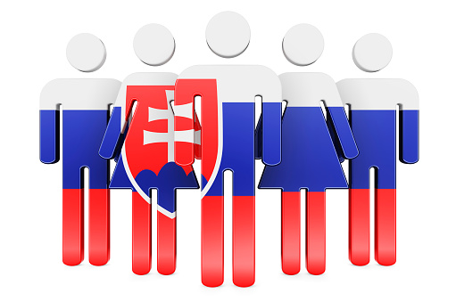 Stick figures with Slovak flag. Social community and citizens of Slovakia, 3D rendering isolated on white background