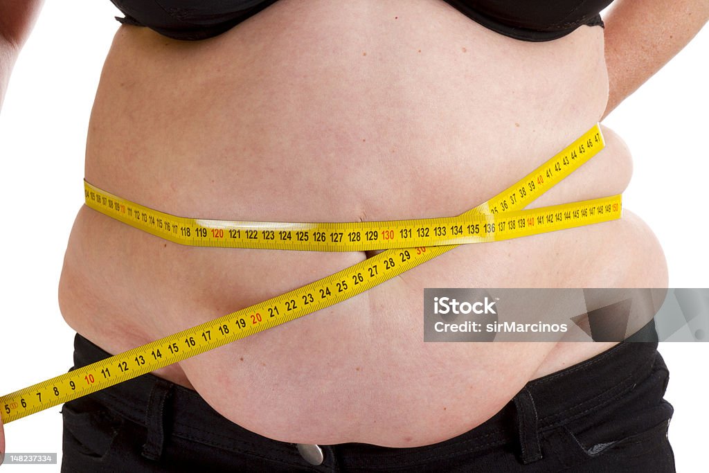 overweight  Women measuring her belly overweight  Women measuring her belly, isolated on white background Liposuction Stock Photo