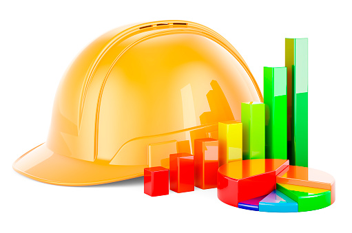 Construction Orange Hard Hat with growth bar graph and pie chart. 3D rendering isolated on white background