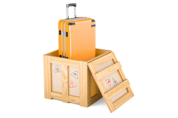 Luggage inside wooden box, delivery concept. 3D rendering isolated on white background
