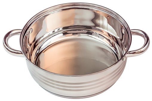 Studio shot of empty stainless steel Stew Casserole with handles, without lid, isolated on white background, side view.