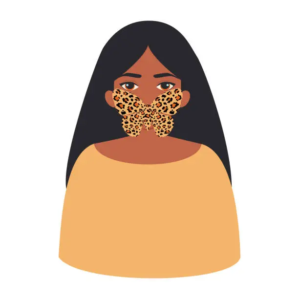 Vector illustration of A woman with a butterfly on her face on her lips. Concept art of freedom of speech. Don't be silent about violence or bullying. Vector.