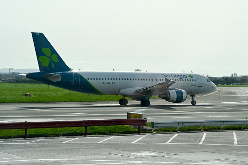 Dublin, Ireland, April 4, 2023 - Aer Lingus Airbus A320 Scire at Dublin Ireland Airport.