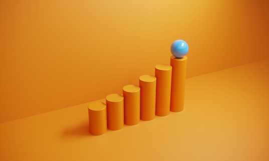Blue colored ball standing on the top of growing bar graph. (3d render)