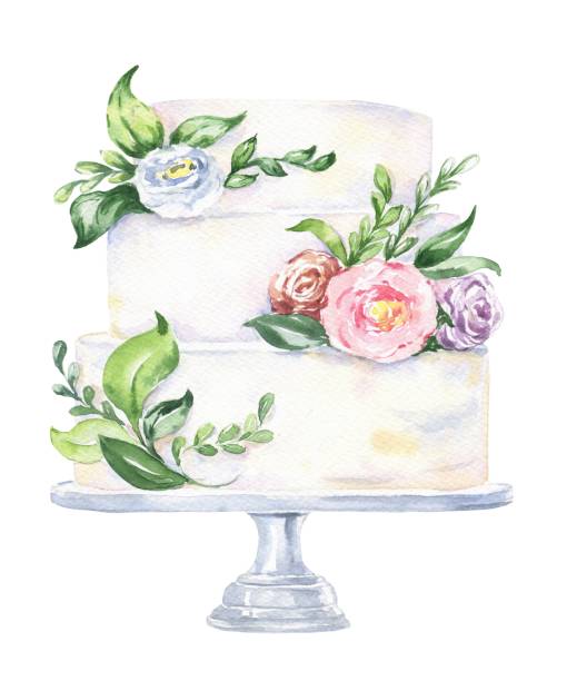 kuvapankkikuvitukset aiheesta kakun kuvitus. elintarvikkeiden akvarellipiirustus. - hääkakku