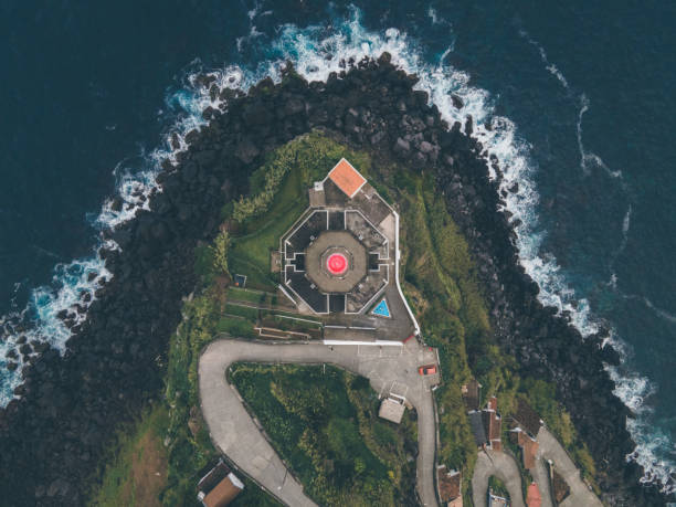 Drone view of Farol do Arnel in Sao Miguel, the Azores Drone view of Farol do Arnel in Sao Miguel, the Azores madalena stock pictures, royalty-free photos & images