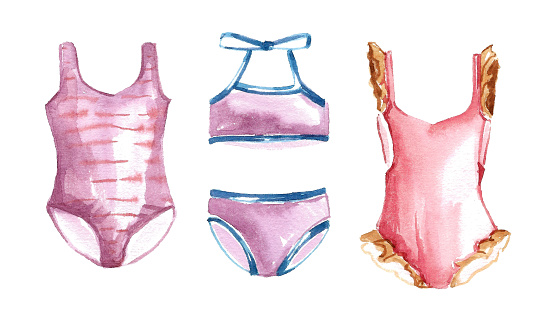 A set of suits for swimming. Children's swimwear for the summer season. Pink flounced swimsuit, purple striped swimsuit, briefs and top with blue ties. watercolor freehand illustration