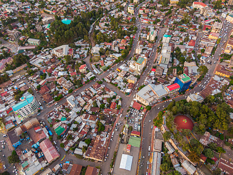 Aerial view of the city centre of Gondar with a lot of car and pedestrian traffic, Ethiopia, Africa