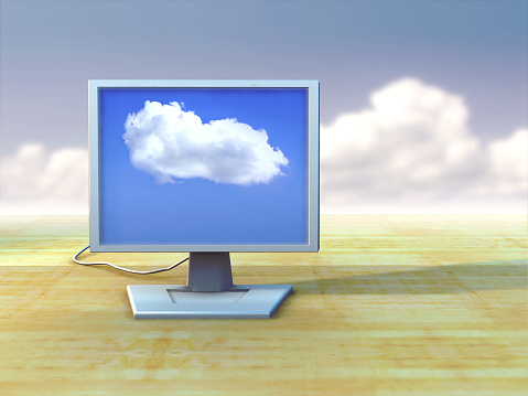 Monitor shows a single puffy cloud over a blue sky. Digital illustration, 3D render.