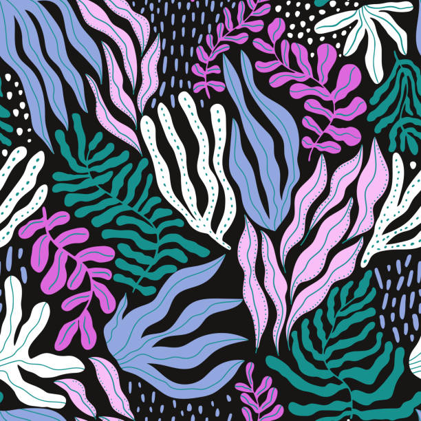 бесшовный узор из морских водорослей. нарисованные от руки растения ботанической текстуры. отлично подходит для ткани, текстиля, одежды, ва - seaweed seamless striped backgrounds stock illustrations