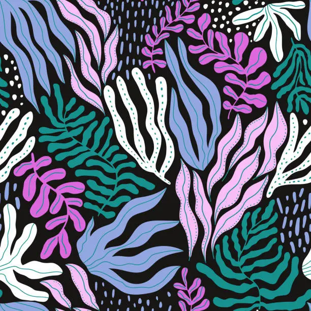 Vector illustration of Seaweed seamless pattern. Hand drawn plants botanical texture. Great for fabric, textile, apparel, walloper, digital paper