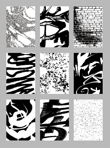 Grunge textures set. Abstract graffiti backgrounds. Brush strokes, spots, scratches, stripes. Sketch monochrome vector illustrations isolated on a white background.