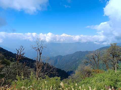 Panoramic landscape view of scenic snowcapped Kanchenjunga from east Sikkim, India. It is the third-highest mountain in the world. It is also spelled Kangchenjunga, Kanchanjangh, Khangchendzonga.