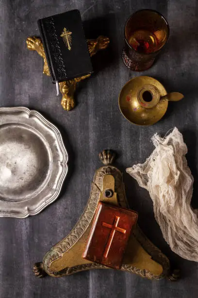 Photo of Various antique objects on black chalkboard background