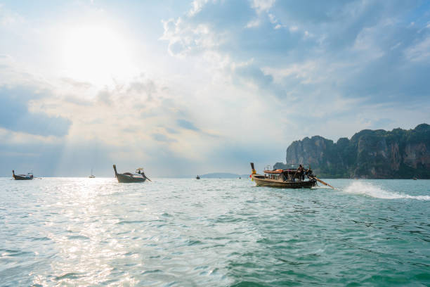 Scenic view of Thai taxi boats on Railey beach